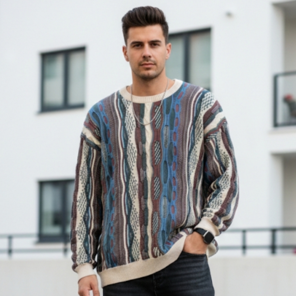 Simons 90s vibe Coogi Style 3D Textured Knit Crewneck Sweater blue XL
